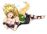  1girl black_collar black_leotard black_nails blonde_hair blue_earrings blue_eyes bowsette bracelet breast_press breasts collar crown eyebrows_visible_through_hair eyeshadow feet gem hair_between_eyes horns jewelry large_breasts leotard long_hair lying makeup mario_(series) nail_polish new_super_mario_bros._u_deluxe nintendo on_stomach pointy_ears ponytail sharp_teeth soles solo spiked_anklet spiked_armlet spiked_bracelet spiked_collar spiked_shell spiked_tail spikes strapless strapless_leotard super_crown tail teeth turtle_shell white_background zorzero 