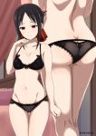  1girl ass bare_shoulders bed black_bra black_hair black_panties blush bow bra breasts butt_crack canopy_bed cleavage close-up folded_ponytail hair_bow inoshira kaguya-sama_wa_kokurasetai_~tensai-tachi_no_renai_zunousen~ lower_body multiple_views panties shinomiya_kaguya short_hair small_breasts smile standing twitter_username underwear underwear_only 