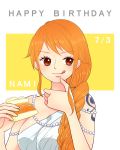  1girl beads birthday braided_ponytail brown_eyes cake female food long_hair nami_(one_piece) one_piece orange_hair solo sweets tattoo tongue tongue_out 