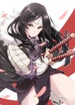  1girl black_eyes black_hair fire_emblem fire_emblem:_kakusei fur_trim headband jiino katana long_hair nintendo parted_lips petals sairi_(fire_emblem) sheath sheathed solo sword weapon white_headband 