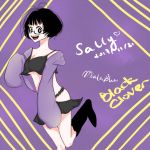  1girl black_clover black_eyes black_hair boots breasts crop_top glasses heart hip_vent long_sleeves looking_at_viewer mialalan open_mouth purple_background sally_(black_clover) short_hair short_shorts shorts sleeves_past_fingers sleeves_past_wrists solo 