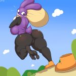 2019 5_toes anthro anus back_boob barefoot big_breasts breasts butt clothed clothing digital_media_(artwork) feet female hi_res humanoid_feet invalid_tag lagomorph looking_back mammal mario_bros nabbit nintendo pussy rabbit sack soles solo thick_thighs toes video_games zp92 