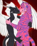  2019 5_fingers anthro anthro_on_anthro black_skin blue_eyes butt butt_grab claws cuddling digital_media_(artwork) dragon duo eye_contact fangs feathered_wings feathers felid feline fur hand_on_back hand_on_butt hand_on_shoulder horn ken_(trufitaskbe) male male/male mammal markings muscular muscular_male nude pantherine patrikthedog pink_fur pinup pose purple_fur purple_nose rega romantic_couple scalie simple_background smile standing stripes teeth tiger western_dragon white_skin wings 
