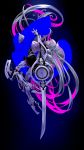  1girl absurdly_long_hair arched_back black_background blue capelet expressionless full_body gradient gradient_background highres limited_palette long_hair looking_at_viewer neon_trim original ponytail prosthesis prosthetic_leg purple purple_eyes shield simple_background skirt solo sword treble_clef tsuki-shigure very_long_hair weapon white_hair 