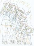  5girls :d absurdres arm_up bangs black_eyes black_hair black_legwear black_neckwear black_ribbon blouse blue_eyes blue_hair brown_eyes brown_footwear brown_hair color_trace colored_pencil_(medium) commentary eyebrows_visible_through_hair freckles girls_und_panzer glasses green_skirt hair_ribbon hands_on_another&#039;s_shoulders hands_on_own_knees head_tilt highres kitazinger kneehighs leaning_on_person leaning_to_the_side light_blush loafers long_hair long_sleeves looking_at_viewer maruyama_saki miniskirt multiple_girls neckerchief ooarai_school_uniform oono_aya open_mouth parted_bangs pleated_skirt ribbon round_eyewear sakaguchi_karina sawa_azusa school_uniform serafuku shadow shoes short_hair side-by-side sitting skirt smile socks squatting standing thighhighs traditional_media twintails utsugi_yuuki v waving white_blouse yamagou_ayumi 
