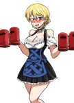  1girl alternate_costume bangs beer_mug black_dress blonde_hair blue_eyes blush braid breasts choker cleavage commentary_request cup darjeeling dirndl dress embarrassed frilled_choker frilled_dress frills german_clothes girls_und_panzer half-closed_eyes holding holding_cup insignia looking_at_viewer medium_breasts mimuni362 mug open_mouth short_dress short_hair short_sleeves simple_background smile solo standing sweatdrop tied_hair twin_braids waitress white_background 