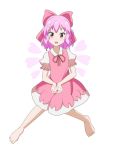  1girl :d alternate_color bangs barefoot bow cato_(monocatienus) cirno commentary dress eyebrows_visible_through_hair full_body hair_bow heart heart_wings looking_at_viewer neck_ribbon open_mouth own_hands_together pinafore_dress pink_bow pink_dress pink_eyes pink_hair puffy_short_sleeves puffy_sleeves red_neckwear red_ribbon ribbon sakura_cirno shirt short_hair short_sleeves simple_background smile solo touhou white_background white_shirt wings 