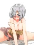  1girl ass blue_eyes blush breasts brown_tank_top cleavage collarbone dated embarrassed erect_nipples hair_ornament hair_over_one_eye hairclip hamakaze_(kantai_collection) highres kantai_collection large_breasts leaning_forward legs_apart looking_at_viewer midriff nose_blush off_shoulder pants purple_pants short_hair shorts silver_hair solo takase_muu twitter_username wet 