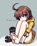  1girl ahoge ass average-hanzo barefoot boots_removed bottomless brown_hair commentary english_commentary english_text eyebrows_visible_through_hair feet holding holding_knife knife leg_hug linne pout purple_eyes reverse_grip shoes_removed short_hair simple_background sitting soles solo sweater under_night_in-birth 