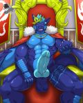  2019 5_fingers abs alphamoonlight anthro balls biceps blue_balls blue_eyes blue_glans blue_hair blue_penis blue_scales chair claws crown digital_media_(artwork) dragon eli_(papadwaggy) erection glans grin hair hi_res hybrid_penis king knot looking_at_viewer male membranous_wings muscular muscular_male naked_cape pecs penis precum quads royalty saggy_balls scales scalie serratus short_hair sitting smile solo teeth throne white_claws wings 