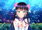  1girl black_hair blue_hair blurry blurry_background blush bubble detached_sleeves earrings fish fujimori_shiki gradient_hair green_eyes hair_ornament highres jewelry koi_ni_naritai_aquarium kurosawa_dia long_hair long_sleeves looking_at_viewer love_live! love_live!_sunshine!! mole mole_under_mouth multicolored_hair shiny shiny_hair smile solo striped striped_neckwear sunlight two-tone_hair underwater upper_body white_sleeves 