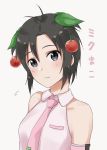  1girl antenna_hair bare_shoulders black_eyes black_hair breasts cherry_hair_ornament collared_shirt cosplay detached_sleeves food_themed_hair_ornament hair_between_eyes hair_ornament hatsune_miku head_tilt highres idolmaster idolmaster_(classic) kikuchi_makoto looking_at_viewer mogskg pink_neckwear pink_sleeves sakura_miku sakura_miku_(cosplay) shiny shiny_hair shirt short_hair sleeveless sleeveless_shirt small_breasts solo upper_body white_background white_shirt wing_collar 