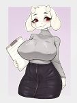  anthro big_breasts biped blush bottomwear bovid breasts caprine clothed clothing delki erect_nipples eyebrows eyelashes female fingers front_view fur goat horn mammal nipples pinup pose red_eyes skirt smile solo toriel turtleneck undertale video_games white_fur 