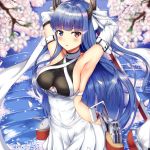  1girl armpits arms_behind_head azur_lane bangs blue_eyes blue_hair blush breasts buranketo_2 cherry_blossoms collarbone covered_navel detached_sleeves eyebrows_visible_through_hair floating_hair glowing glowing_eyes hair_ribbon heterochromia highres holding holding_sword holding_weapon horns ibuki_(azur_lane) large_breasts long_hair long_sleeves looking_at_viewer machinery open_mouth outdoors petals red_eyes ribbon sideboob sidelocks sky solo standing sword turret very_long_hair water weapon white_ribbon wide_sleeves 