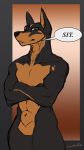  animal_genitalia anthro balls canid canine canis crossed_arms dobermann domestic_dog english_text fully_sheathed hi_res looking_at_viewer male mammal nude pinscher sajik sheath simple_background solo standing text 