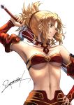  1girl absurdres bare_shoulders blonde_hair bra breasts choker cleavage detached_sleeves fate/apocrypha fate_(series) floating_hair green_eyes hair_ornament hair_scrunchie hand_on_hip highres long_hair long_sleeves medium_breasts mordred_(fate) mordred_(fate)_(all) navel red_bra red_scrunchie red_sleeves scrunchie sideboob signature simple_background smile solo standing strapless strapless_bra underboob underwear upper_body w-moz9-w white_background 