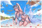  3girls beach bikini bird blue_hair blue_sky blush breasts cleavage closed_mouth day floating_island flower granblue_fantasy grancypher_(granblue_fantasy) hair_between_eyes hanada_yanochi ice large_breasts looking_at_viewer macula_marius multiple_girls outdoors partially_submerged pink_eyes seagull short_hair sky socie_(granblue_fantasy) swimsuit tiara yuel_(granblue_fantasy) 