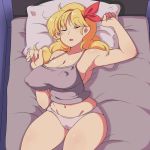  1girl aaa_(nisetsuru) arm_up armpits bare_arms bare_legs bare_shoulders bed blonde_hair breasts cameltoe dragon_ball erect_nipples eyes_closed from_above groin hair_ribbon indoors large_breasts legs long_hair lunch_(dragon_ball) lying midriff navel panties parted_lips pillow ribbon sleeping solo tank_top thighs underwear 