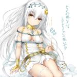  1girl belt breasts collar collarbone commentary_request dress earrings flower flower_knight_girl hair_flower hair_ornament highres jewelry kuromayu long_hair looking_at_viewer medium_breasts pillow shirotaegiku_(flower_knight_girl) silver_hair simple_background sitting smile solo stud_earrings translation_request white_background yellow_eyes 