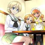  3girls black_eyes black_legwear blonde_hair blue_eyes blush braid brown_eyes commentary_request darjeeling eyebrows_visible_through_hair french_braid girls_und_panzer long_hair looking_at_viewer maid_headdress multiple_girls nakahira_guy ooarai_school_uniform orange_hair orange_pekoe school_uniform sitting takebe_saori thighhighs waitress 