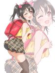  1girl ;d backpack bag black_hair bow from_side grey_legwear hair_bow halterneck leaning_forward long_hair looking_at_viewer love_live! love_live!_school_idol_project miniskirt one_eye_closed open_mouth pink_bow plaid plaid_skirt randoseru red_background red_eyes ribbon shiny shiny_hair shirt skirt sleeveless sleeveless_shirt smile solo standing tetopetesone thighhighs twintails white_background yazawa_nico yellow_ribbon yellow_shirt zettai_ryouiki zoom_layer 