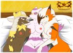  2019 anthro bed belly big_breasts breasts butt canid canine digital_media_(artwork) dusk_lycanroc female fur furfrou green_eyes group group_sex hair hi_res inside knightmoonlight98 looking_at_viewer lycanroc lying mammal mienshao nintendo nipples nude on_bed pok&eacute;mon pok&eacute;mon_(species) pussy sex smile video_games white_fur 
