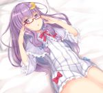  1girl bed bespectacled blue_bow bow bowtie capelet collar commentary_request crescent crescent_hair_ornament dress_bow eyebrows_visible_through_hair glasses hair_bow hair_ornament kokuto_(kurousagi1210) long_hair looking_at_viewer lying no_hat no_headwear on_back patchouli_knowledge pillow purple_eyes purple_hair red-framed_eyewear red_bow red_neckwear solo thighs touhou very_long_hair wide_sleeves 