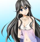  1girl arms_behind_back black_hair blue_background blue_eyes bra breasts catherine_(ys) cleavage collarbone earrings eyebrows_visible_through_hair hair_between_eyes highlights jewelry long_hair looking_at_viewer medium_breasts multicolored_hair navel necklace oto_falcom silver_hair sketch smile solo standing two-tone_hair underwear upper_body very_long_hair white_background white_bra ys ys_viii_lacrimosa_of_dana 