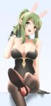 1girl :d animal_ears bare_shoulders black_gloves blue_background blush breasts brown_legwear bunny_ears chiki choker cleavage commentary english_commentary fake_animal_ears fire_emblem fire_emblem:_monshou_no_nazo foreshortening gloves green_eyes green_hair half_gloves hand_up high_heels highres large_breasts leotard nintendo open_mouth pantyhose pointy_ears ponytail sidelocks simple_background skeptycally smile solo 
