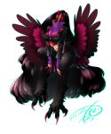  2017 4_toes big_breasts black_fur black_hair breasts clothed clothing colored_nails feathered_wings feathers female fur hair horn humanoid karatachi long_hair midriff nails navel pink_nails purple_wings signature solo talons toes unknown_species wings zipper 