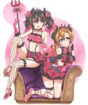  2girls :d asymmetrical_wings black_hair black_wings blue_eyes blush bow bowtie brown_hair choker collarbone fishnet_legwear fishnets floral_print flower frilled_skirt frills full_body gloves hair_flower hair_ornament hair_ribbon high_heels holding horns kneeling leaning_forward leg_ribbon long_hair looking_at_viewer love_live! love_live!_school_idol_project midriff miniskirt multiple_girls navel open_mouth pink_bow pink_eyes pink_footwear pink_gloves pink_ribbon pink_skirt pink_wings polka_dot polka_dot_bow polka_dot_neckwear polka_dot_ribbon print_skirt pumps purple_flower ribbon sitting skirt smile sparkle stomach suspender_skirt suspenders tetopetesone thigh_strap thighhighs twintails vertical-striped_gloves white_background wings yazawa_nico 