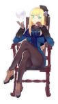  1girl bangs blonde_hair blue_shirt blunt_bangs blush brown_footwear brown_gloves chair closed_mouth fate_(series) flower gloves green_eyes hair_flower hair_ornament hat highres legs legs_crossed long_hair long_sleeves looking_at_viewer lord_el-melloi_ii_case_files mckeee pantyhose reines_el-melloi_archisorte shirt simple_background sitting smile solo thighs white_background 