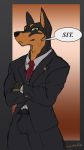  anthro bulge canid canine canis clothed clothing crossed_arms dobermann domestic_dog english_text hi_res looking_at_viewer male mammal necktie pinscher sajik simple_background solo standing text 