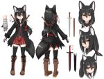  1girl animal_ear_fluff animal_ears belt black_hair black_jacket black_legwear boots brown_footwear cross-laced_footwear expressionless fang fox_ears fox_girl full_body gauntlets hair_ribbon horokusa_(korai) jacket jitome long_hair long_sleeves original parted_lips ponytail red_skirt ribbon scabbard sheath sheathed shirt short_sword simple_background single_gauntlet skirt smile sword thighhighs weapon weapon_on_back white_background yellow_eyes zettai_ryouiki 