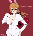  1girl animal_ears artist_name blue_eyes blush breasts brown_hair bunny_ears character_name charlotte_e_yeager cleavage closed_mouth collarbone dated erect_nipples eyebrows_visible_through_hair fumie_umetora hand_on_hip highres jacket jacket_over_shoulder jacket_removed large_breasts long_hair monochrome_background no_bra red_background shiny shiny_hair shiny_skin shirt simple_background smile solo strike_witches world_witches_series 