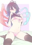  1girl absurdres antenna_hair asymmetrical_wings bangs bed_sheet bikini black_hair black_legwear black_shirt blue_wings blush border breasts commentary_request eyebrows_visible_through_hair front-tie_bikini front-tie_top hair_between_eyes highres houjuu_nue lifted_by_self looking_at_viewer navel nirap no_shoes outside_border pink_background pink_bikini pink_eyes red_wings shadow shirt shirt_lift short_hair short_sleeves shy side-tie_bikini simple_background sitting small_breasts solo stomach swimsuit thighhighs thighs touhou wariza white_border wings 