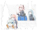  :d backpack bag blue_eyes blue_hair carrying commentary_request duffel_bag fence g11_(girls_frontline) girls_frontline green_eyes highlights highres hk416_(girls_frontline) m4_sopmod_ii_(girls_frontline) multicolored_hair open_mouth piggyback pink_hair pointing red_eyes school_uniform shinoe_nun smile st_ar-15_(girls_frontline) surprised telephone_pole v younger 