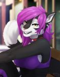  2019 anthro black_fur black_tail blurred_background clothed clothing collar depth_of_field digital_media_(artwork) domestic_cat ear_piercing ear_ring facial_piercing felid feline felis female fur green_eyes grin hair hi_res lip_piercing lip_ring long_hair looking_at_viewer mammal multicolored_fur multicolored_tail piercing pink_hair pink_nose sitting smile solo tartii teeth two_tone_fur two_tone_tail white_fur white_tail 