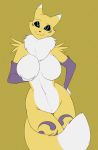 2018 anthro big_breasts blue_eyes breast_grab breasts canid canine chest_tuft clothing digimon digimon_(species) dipstick_ears dipstick_tail featureless_breasts featureless_crotch female fur gloves hand_on_breast hexteknik_(artist) hi_res looking_at_viewer mammal multicolored_ears multicolored_tail neck_tuft nude renamon simple_background smile solo tuft white_fur yellow_fur 