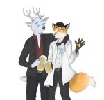  2019 alcohol amber anthro antlers beer belt beverage bow_tie bowler_hat buck canid canine classy clothed clothing coats digital_media_(artwork) dis dis_the_fox duo eyewear formal fox friends fully_clothed fur glasses half-body hat headgear headwear hi_res horn jackets mammal pawpads sighmonk sil simple_background smile standing suit tails_(disambiguation) 