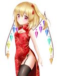  1girl alternate_costume arm_at_side arm_behind_back bare_arms black_legwear blonde_hair blush breasts cherry_blossoms china_dress chinese_clothes cleavage_cutout commentary_request contrapposto cowboy_shot dress embarrassed eyebrows_visible_through_hair flandre_scarlet floral_print frown garter_straps hair_between_eyes hair_ornament highres looking_at_viewer nyanyanoruru red_eyes short_hair side_ponytail simple_background small_breasts solo tareme thighhighs touhou white_background wings 