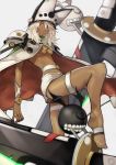  1girl 55level belt beltbra breasts dark_skin grey_hair guilty_gear guilty_gear_xrd hat highres long_hair medium_breasts orange_eyes ramlethal_valentine short_shorts shorts small_breasts solo thigh_strap underboob yellow_eyes 