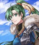  1girl blue_sky cloud day dutch_angle earrings fire_emblem fire_emblem:_rekka_no_ken floating_hair green_eyes green_hair hazuki_(nyorosuke) high_ponytail jewelry long_hair lyndis_(fire_emblem) nintendo older outdoors shiny shiny_hair short_sleeves shoulder_armor sketch sky smile solo upper_body very_long_hair 