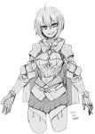  1girl 2018 armor armored_gloves arms_at_sides boots breastplate cropped_legs dated gauntlets gorget greyscale highres monochrome original pauldrons short_hair sigama skirt smile solo thigh_boots thighhighs 
