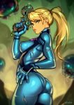  1girl arm_up artist_name ass blue_eyes blurry bodysuit breasts commentary cowboy_shot depth_of_field english_commentary erect_nipples finger_on_trigger from_side gun hand_on_hip handgun lips long_hair looking_at_viewer medium_breasts metroid nintendo parted_lips pistol ponytail samus_aran solo sweat typo_(requiemdusk) weapon 