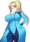  1girl ameno_shigure arm_at_side bangs blonde_hair blue_bodysuit blue_hair bodysuit breasts cameltoe closed_mouth covered_navel cowboy_shot erect_nipples expressionless eyebrows_visible_through_hair groin hand_on_hip high_ponytail highres impossible_bodysuit impossible_clothes large_breasts long_hair looking_at_viewer metroid nintendo ponytail samus_aran shiny shiny_clothes sidelocks skin_tight solo swept_bangs turtleneck zero_suit 
