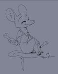  2019 alternate_species ambiguous_gender anthro barefoot cheek_tuft clothed clothing coveralls crossed_legs disney eyes_closed fuel_(artist) grey_background greyscale holding_object mammal monochrome mouse murid murine neck_tuft rodent simple_background skye_(zootopia) smile solo tools tuft wrench zootopia 
