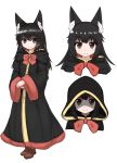  1girl animal_ear_fluff animal_ears black_eyes black_hair bow bowtie brown_footwear character_profile dress fox_ears fox_girl full_body hood hood_down hood_up hooded_dress horokusa_(korai) long_hair long_sleeves original smile wide_sleeves 