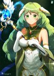  1girl artist_name breastplate chinchongcha closed_mouth dress elbow_gloves fire_emblem fire_emblem_echoes:_mou_hitori_no_eiyuuou gloves green_eyes green_hair hair_ornament highres holding holding_staff jewelry long_hair necklace nintendo sleeveless sleeveless_dress smile solo staff teeta_(fire_emblem) upper_body white_gloves 