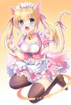  1girl animal_ear_fluff animal_ears apron bangs bell bell_choker blonde_hair blue_eyes blush breasts brown_footwear brown_legwear cat_ears cat_girl cat_tail choker cleavage cleavage_cutout collarbone commentary_request eyebrows_visible_through_hair fang frilled_apron frilled_skirt frills full_body hair_between_eyes hair_ribbon halftone halftone_background heart_cutout highres jingle_bell loafers long_hair looking_at_viewer maid maid_headdress medium_breasts open_mouth original pink_choker pink_shirt pink_skirt pleated_skirt puffy_short_sleeves puffy_sleeves red_ribbon ribbon romaji_text shirt shoes short_sleeves skirt solo tail tail_raised tail_ribbon thighhighs twintails umitonakai waist_apron white_apron 